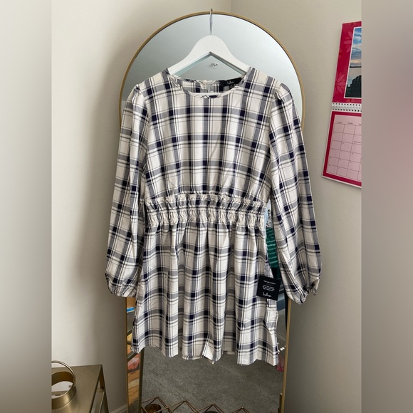 🤍Lulu’s Tad of Plaid Ivory Plaid Balloon Sleeve Mini Dress - Picture 4 of 10